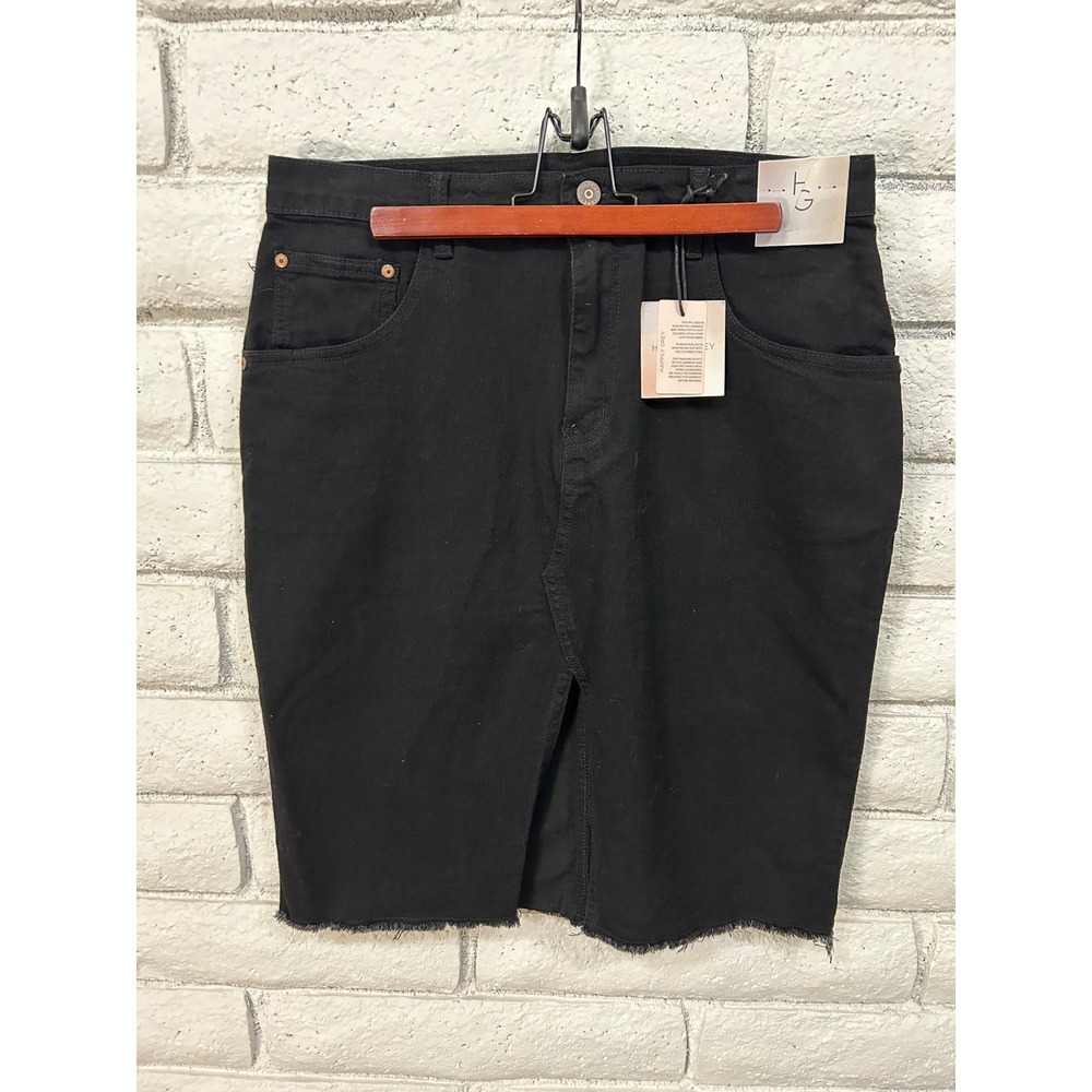 Happily Grey Womens Black Denim Raw Hem Front Slit Midi Skirt Size 13/30 NWT
